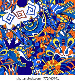 Tracery seamless pattern. Mehndi design. Ethnic colorful doodle texture. Curved doodling background. Vector