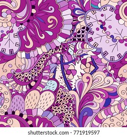 Tracery seamless pattern. Mehndi design. Ethnic colorful doodle texture. Curved doodling background. Vector