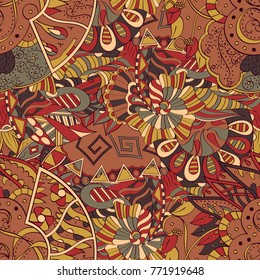 Tracery seamless pattern. Mehndi design. Ethnic colorful doodle texture. Curved doodling background. Vector