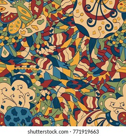 Tracery seamless pattern. Mehndi design. Ethnic colorful doodle texture. Curved doodling background. Vector