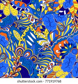 Tracery seamless pattern. Mehndi design. Ethnic colorful doodle texture. Curved doodling background. Vector