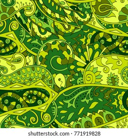 Tracery seamless pattern. Mehndi design. Ethnic colorful doodle texture. Curved doodling background. Vector