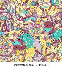 Tracery seamless pattern. Mehndi design. Ethnic colorful doodle texture. Curved doodling background. Vector