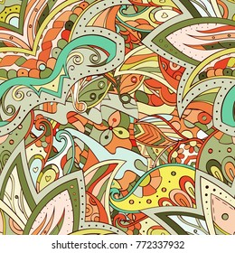 Tracery seamless pattern. Mehndi design. Ethnic colorful doodle texture. Curved doodling background. Vector