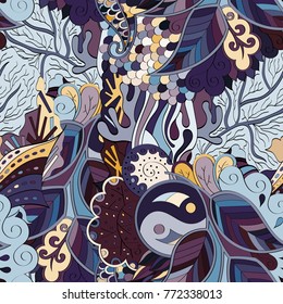 Tracery seamless pattern. Mehndi design. Ethnic colorful doodle texture. Curved doodling background. Vector