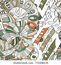 Tracery seamless pattern. Mehndi design. Ethnic colorful doodle texture. Curved doodling background. Vector