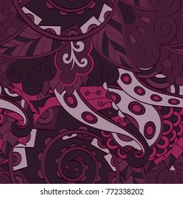 Tracery seamless pattern. Mehndi design. Ethnic colorful doodle texture. Curved doodling background. Vector