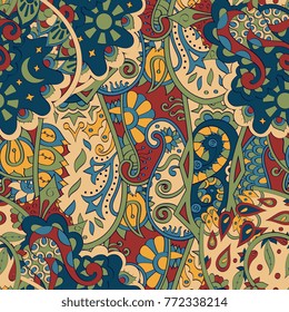 Tracery seamless pattern. Mehndi design. Ethnic colorful doodle texture. Curved doodling background. Vector
