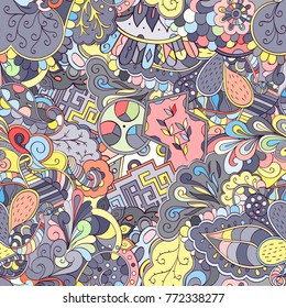 Tracery seamless pattern. Mehndi design. Ethnic colorful doodle texture. Curved doodling background. Vector