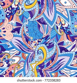 Tracery seamless pattern. Mehndi design. Ethnic colorful doodle texture. Curved doodling background. Vector
