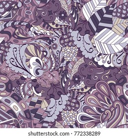 Tracery seamless pattern. Mehndi design. Ethnic colorful doodle texture. Curved doodling background. Vector