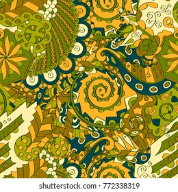 Tracery seamless pattern. Mehndi design. Ethnic colorful doodle texture. Curved doodling background. Vector