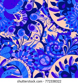 Tracery seamless pattern. Mehndi design. Ethnic colorful doodle texture. Curved doodling background. Vector