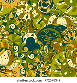 Tracery seamless pattern. Mehndi design. Ethnic colorful doodle texture. Curved doodling background. Vector