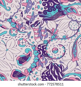 Tracery seamless pattern. Mehndi design. Ethnic colorful doodle texture. Curved doodling background. Vector