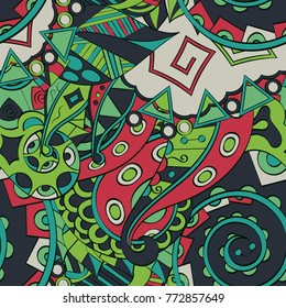 Tracery seamless pattern. Mehndi design. Ethnic colorful doodle texture. Curved doodling background. Vector