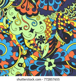 Tracery seamless pattern. Mehndi design. Ethnic colorful doodle texture. Curved doodling background. Vector