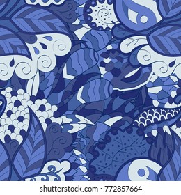Tracery seamless pattern. Mehndi design. Ethnic colorful doodle texture. Curved doodling background. Vector