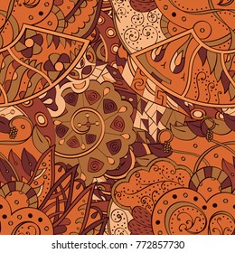 Tracery seamless pattern. Mehndi design. Ethnic colorful doodle texture. Curved doodling background. Vector
