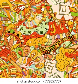 Tracery seamless pattern. Mehndi design. Ethnic colorful doodle texture. Curved doodling background. Vector