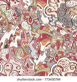 Tracery seamless pattern. Mehndi design. Ethnic colorful doodle texture. Curved doodling background. Vector