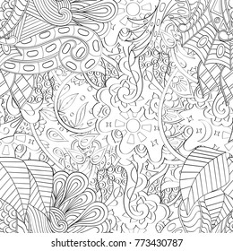Tracery seamless pattern. Mehndi design. Ethnic monochrome binary doodle texture. Curved doodling black and white background. Vector