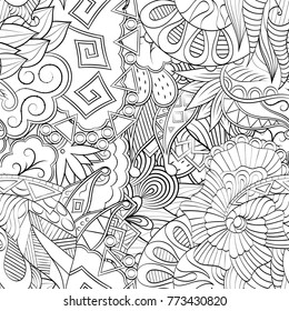 Tracery seamless pattern. Mehndi design. Ethnic monochrome binary doodle texture. Curved doodling black and white background. Vector