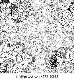 Tracery seamless pattern. Mehndi design. Ethnic monochrome binary doodle texture. Curved doodling black and white background. Vector