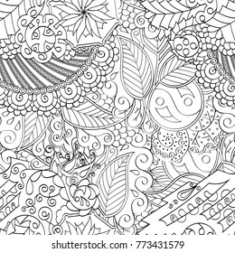 Tracery seamless pattern. Mehndi design. Ethnic monochrome binary doodle texture. Curved doodling black and white background. Vector