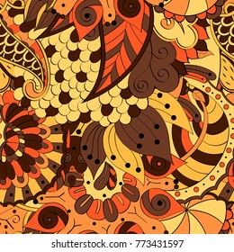 Tracery seamless pattern. Mehndi design. Ethnic colorful doodle texture. Curved doodling background. Vector