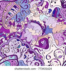 Tracery seamless pattern. Mehndi design. Ethnic colorful doodle texture. Curved doodling background. Vector