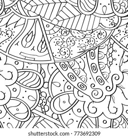 Tracery seamless pattern. Mehndi design. Ethnic monochrome binary doodle texture. Curved doodling black and white background. Vector