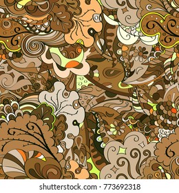Tracery seamless pattern. Mehndi design. Ethnic colorful doodle texture. Curved doodling background. Vector