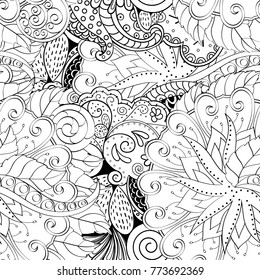 Tracery seamless pattern. Mehndi design. Ethnic monochrome binary doodle texture. Curved doodling black and white background. Vector
