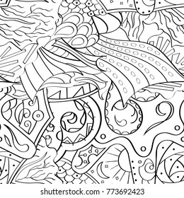 Tracery seamless pattern. Mehndi design. Ethnic monochrome binary doodle texture. Curved doodling black and white background. Vector
