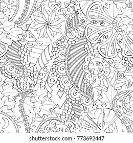 Tracery seamless pattern. Mehndi design. Ethnic monochrome binary doodle texture. Curved doodling black and white background. Vector