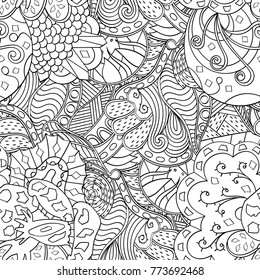 Tracery seamless pattern. Mehndi design. Ethnic monochrome binary doodle texture. Curved doodling black and white background. Vector