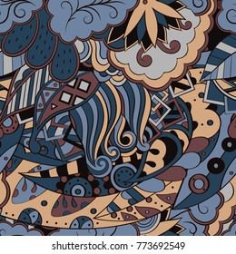 Tracery seamless pattern. Mehndi design. Ethnic colorful doodle texture. Curved doodling background. Vector