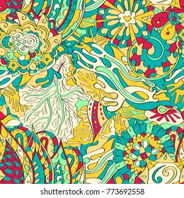Tracery seamless pattern. Mehndi design. Ethnic colorful doodle texture. Curved doodling background. Vector