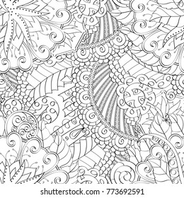 Tracery seamless pattern. Mehndi design. Ethnic monochrome binary doodle texture. Curved doodling black and white background. Vector