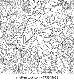 Tracery seamless pattern. Mehndi design. Ethnic monochrome binary doodle texture. Curved doodling black and white background. Vector