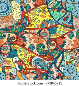 Tracery seamless pattern. Mehndi design. Ethnic colorful doodle texture. Curved doodling background. Vector