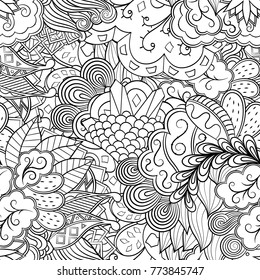 Tracery seamless pattern. Mehndi design. Ethnic monochrome binary doodle texture. Curved doodling black and white background. Vector