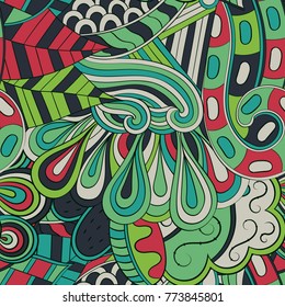Tracery seamless pattern. Mehndi design. Ethnic colorful doodle texture. Curved doodling background. Vector