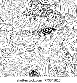 Tracery seamless pattern. Mehndi design. Ethnic monochrome binary doodle texture. Curved doodling black and white background. Vector