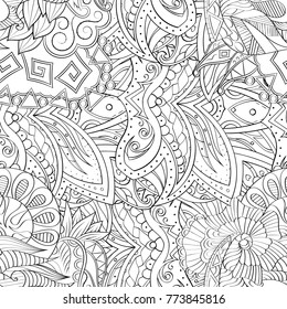 Tracery seamless pattern. Mehndi design. Ethnic monochrome binary doodle texture. Curved doodling black and white background. Vector