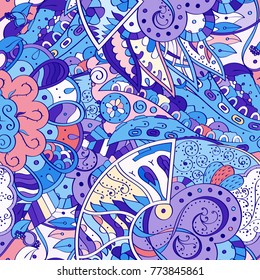 Tracery seamless pattern. Mehndi design. Ethnic colorful doodle texture. Curved doodling background. Vector