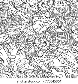 Tracery seamless pattern. Mehndi design. Ethnic monochrome binary doodle texture. Curved doodling black and white background. Vector