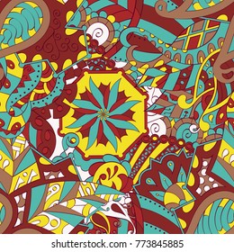 Tracery seamless pattern. Mehndi design. Ethnic colorful doodle texture. Curved doodling background. Vector