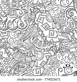 Tracery seamless pattern. Mehndi design. Ethnic monochrome binary doodle texture. Curved doodling black and white background. Vector